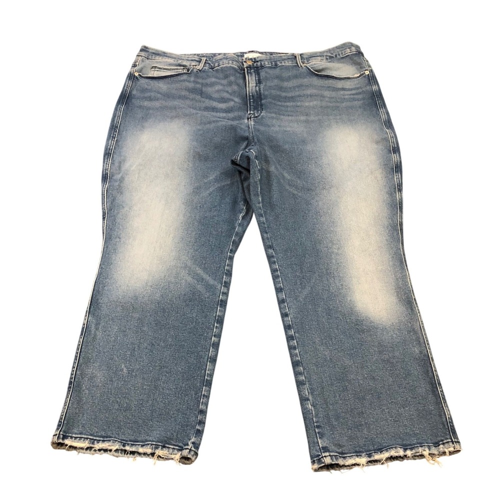 Good American Straight Leg Jeans Womens 28 Plus Blue Raw Hem Stretch GCSNF144T